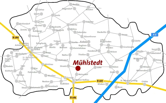 Lageplan: Mühlstedt ist auf der Karte des Kirchenkreises Zerbst rot markiert.