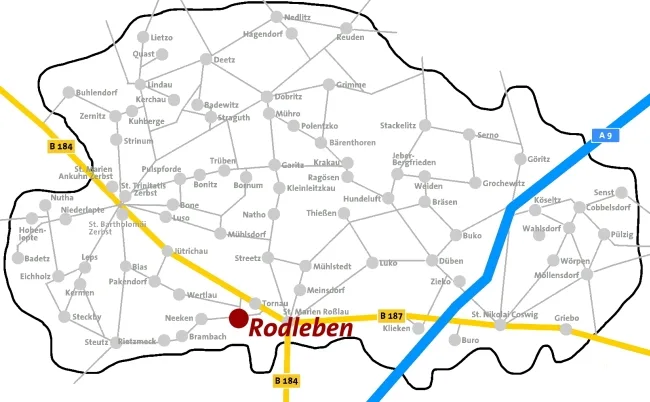 Lageplan: Rodleben ist auf der Karte des Kirchenkreises Zerbst rot markiert.